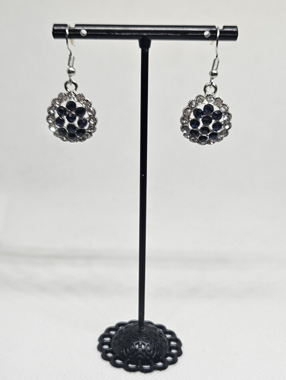 Navy Blue Clear Rhinestone Silver Tone Round Dangle Drop Earrings